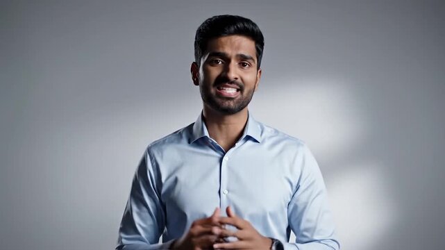 Man speaking pointing finger assertive expression studio