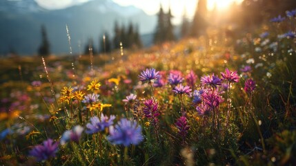 Vibrant wildflowers blooming in a sunlit meadow with mountains in the background