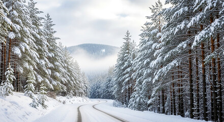 Winding road through a snowy forest with mountains in the background , ai generated image