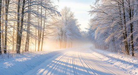 Winter road through a forest with trees covered in snow and frost on a sunny day , ai generated image