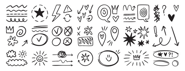 Swishes, sweeps, swoops doodle set, hand drawn highlight elements, calligraphy swirl retro flower heart, star crown for text emphasis