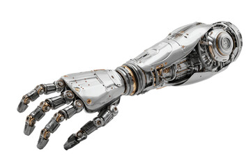 Detailed view of a metallic robot arm and hand.  The arm is highly detailed, showcasing intricate mechanical components, and is a polished silver-gray color with hints of brass.  