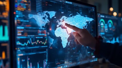 Analyzing Real-Time Global Data on a Computer Screen with Finger Interaction. 4k video - Powered by Adobe