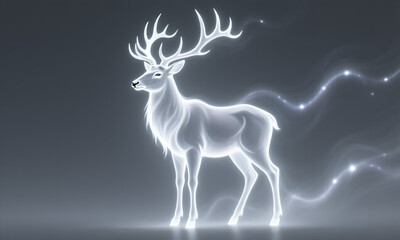Majestic Ethereal White Stag Glowing Mystically on Dark Background with Sparkling Energy Trails