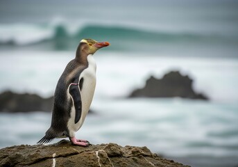 Fototapeta premium Rare yellow-eyed penguin standing proudly on rock near ocean waves