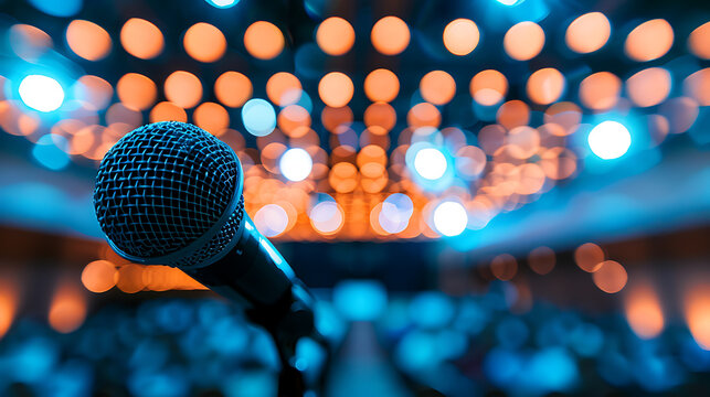 Close-up of Microphone on Stage with Vibrant Blue and Orange Bokeh Lights, Ready for Performance or Public Speaking Event