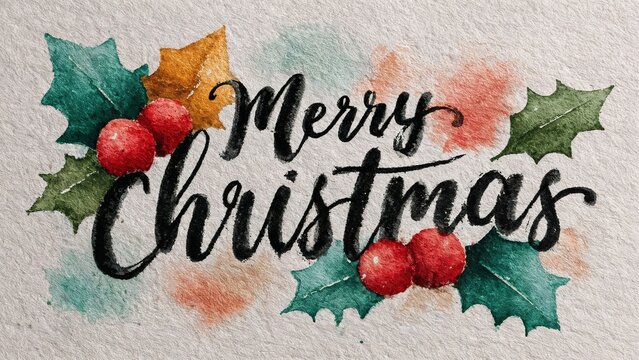 Festive watercolor artwork with 'Merry Christmas' surrounded by holly leaves and berries, showcasing holiday cheer in vibrant colors. - Powered by Adobe