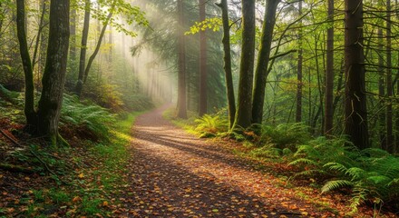 Fototapeta premium Sunlight streams through a misty forest illuminating a winding path covered in autumn leaves, inviting peaceful exploration.