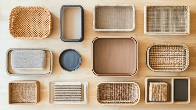 Stylish home decor featuring wicker and wood storage baskets