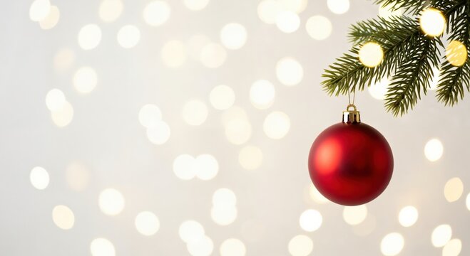 Red Christmas ornament hanging from a fir branch with festive bokeh lights in a bright holiday background
