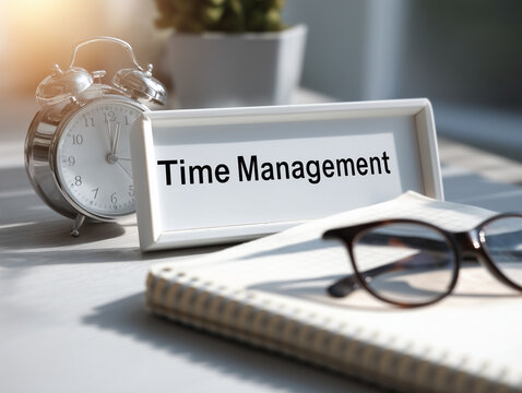 Clock, glasses, and notes on a desk emphasizing the importance of time management in a productive workspace