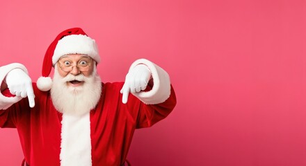 Cheerful Santa Claus in traditional red suit and hat, with a white beard and glasses, pointing downwards with both hands, standing against a bright pink studio background.