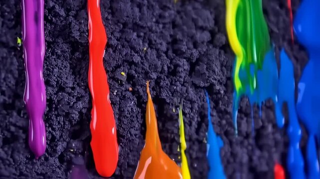 Colorful paint dripping down a dark surface creating a vibrant rainbow effect 50 char