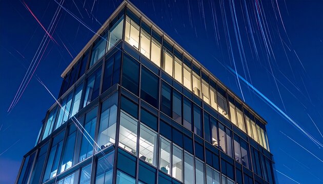 Corporate headquarters with a modern glass facade illuminated at night, symbolizing a smart city with fast data communication and technology