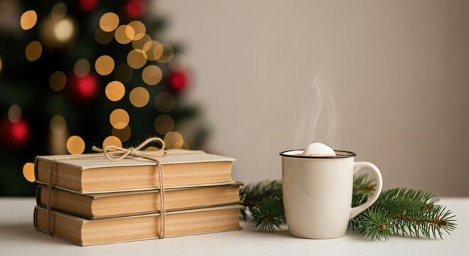 Cozy Holiday Scene with Books and Hot Drink for Winter Relaxation and Christmas Decor
