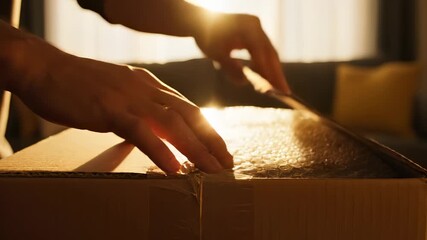A man carefully cuts the tape on a cardboard box as the warm sunlight streams through the window. The man’s focused expression reveals his anticipation of what the box contains.