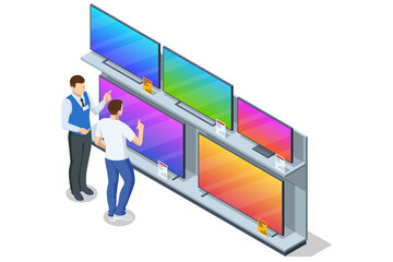 Isometric illustration of a shopper selecting a television in an electronics store, surrounded by various TV models on display shelves while a sales assistant provides guidance.