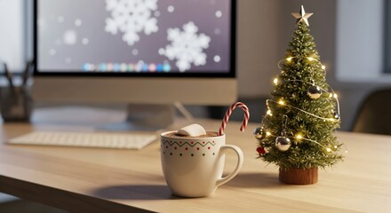 Fototapeta premium Cozy Holiday Workspace with Mini Christmas Tree and Hot Chocolate Mug, Perfect for Seasonal Celebrations