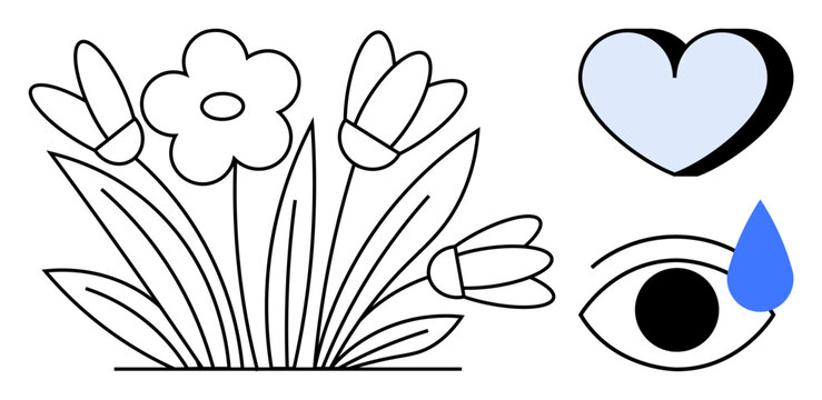 Flowers blooming alongside a blue heart and eye with a tear, symbolizing love, emotions, and connection to nature. Ideal for mental health, self-care, compassion, sadness unity and mindfulness. A