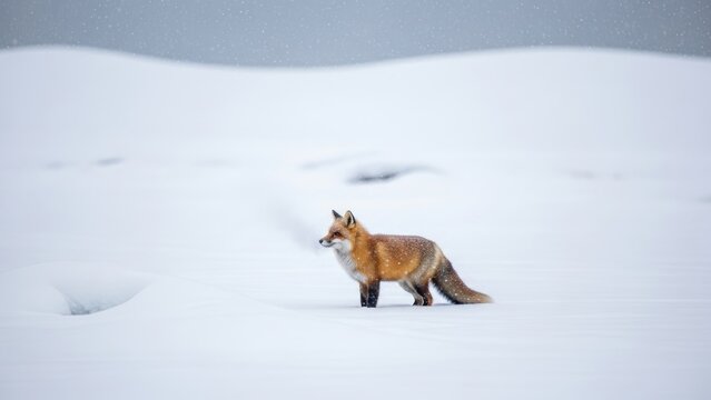 A red fox in profile in a minimalist snowy landscape.