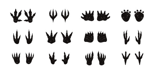 Dinosaur footprint silhouette textured grunge doodle hand drawn icon set. Drawing line clipart symbol collection © Yanka