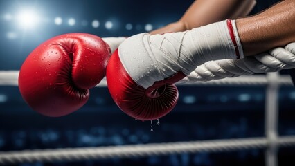 A boxer's gloved and wrapped hands resting on the ropes of a boxing ring.