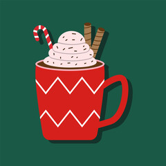 A red mug with a white stripe and a white handle is filled with whipped cream