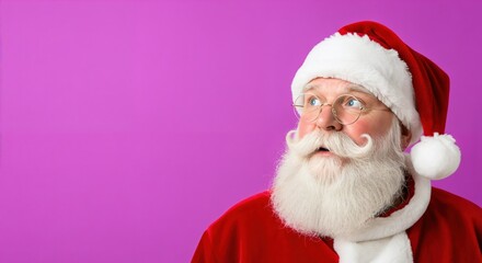 Portrait of a surprised Santa Claus looking up with curiosity. Cheerful Father Christmas with a white beard on a vibrant purple background.