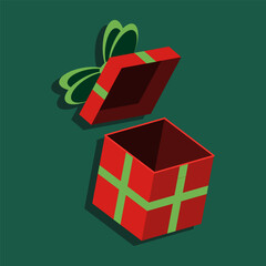 A red box with a green bow is opened, revealing a gift inside