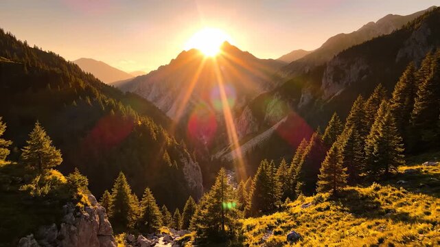 A stunning sunset illuminates the mountains as golden rays spread over the green trees. The mountains and trees create a picturesque landscape, reflecting the beauty of nature.