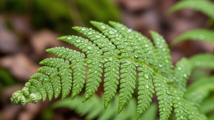 A macro photograph of a green fern leaf with sparkling water drops.
