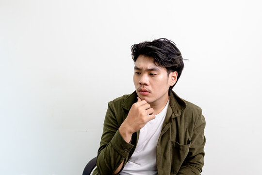 Asian man emotions facial expression gestures hands close-up white background