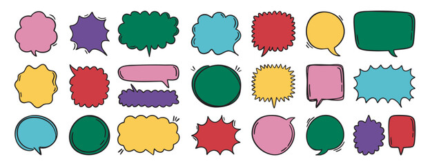 Colorful funky outlined speech bubbles with explosion effect doodle comic dialog frames