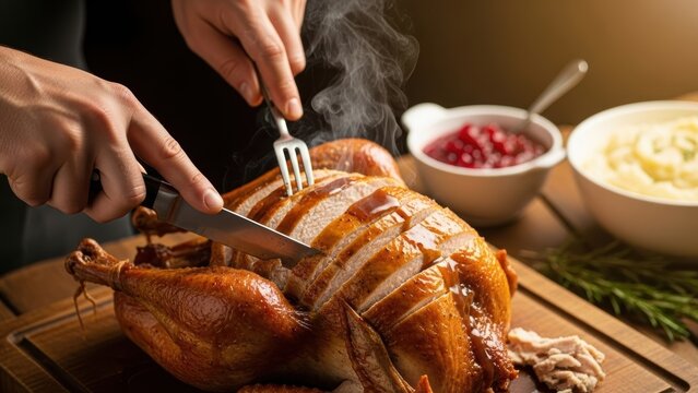 Hands expertly slicing a steaming, golden-brown roasted turkey.