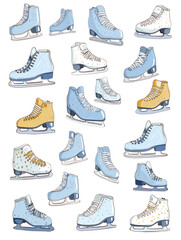 Variety of colorful ice skates on a white background showcasing different styles and designs for winter activities