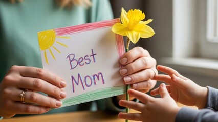 A mother receiving a 'Best Mom' card and a flower from her child.