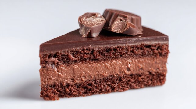 A delicious slice of chocolate cake is displayed, showcasing layers of rich chocolate and creamy filling, topped with chocolate pieces. Perfect for dessert lovers.