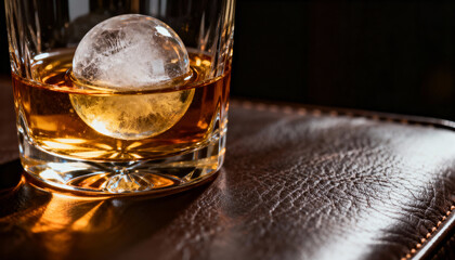 Glass of whiskey with a round ice sphere on a leather surface in warm lighting, showcasing elegance and sophistication