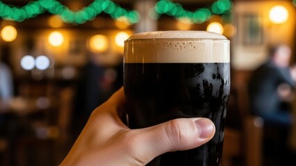 A hand holding a pint of dark stout beer in an Irish pub.