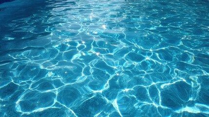 Obraz premium Sunlight dances on the surface of a clear swimming pool, creating a shimmering effect. The calm water reflects deep blue tones, inviting relaxation on a warm summer day.