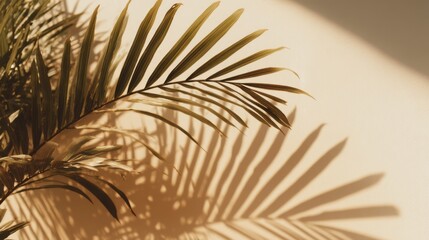 Fototapeta premium Palm leaves are seen stretching gracefully, with their shadows creating gentle patterns against a light-toned wall. The setting is bright, giving off a calm and relaxing atmosphere.