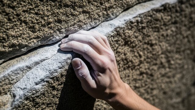 A rock climber's chalked hand gripping a small hold on a cliff face.