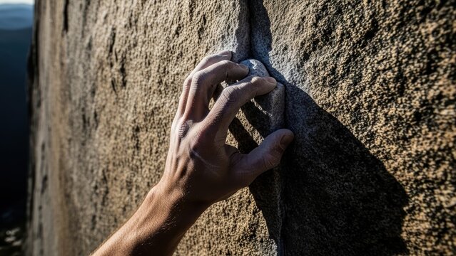 A climber's hand gripping a rock ledge, with dramatic side lighting.