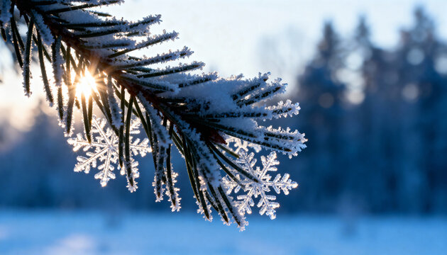 Close-up of snow-covered pine branch with intricate snowflakes and sunlight in a winter forest setting