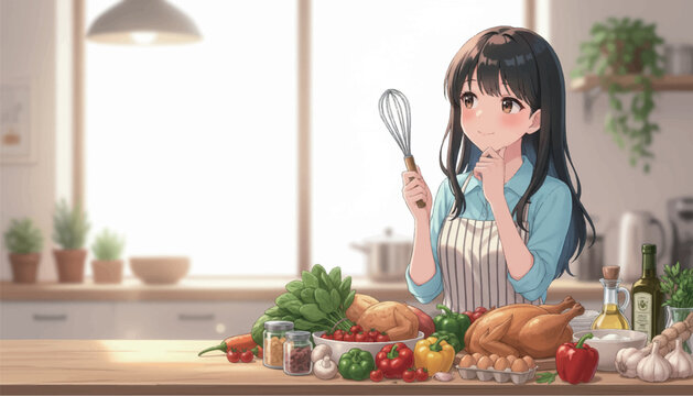 キッチンで何を作ろうか逡巡する女性-Adobe Illustrator Artwork