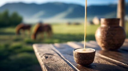 Pouring warm beverage into ornate cup rustic wooden table blurred mountain field background grazing animal