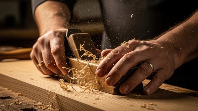 A carpenter's hands using a hand plane on a wooden plank, creating shavings.