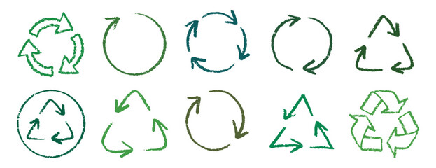 Obraz premium Recycle arrow hand drawn pencil line icon set. Crayon green recycle arrow chalk Icon Vector drawing