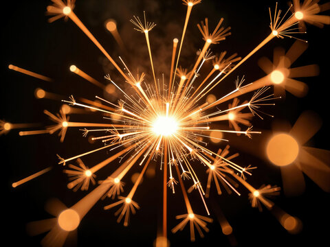 Abstract bright golden sparkler explosion with glowing light trails and festive bokeh effect on a black background. Celebration background.