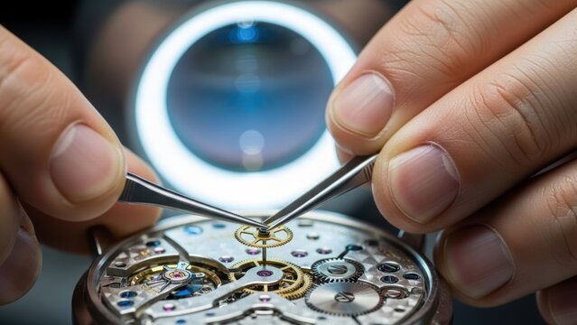 A watchmaker carefully placing a tiny gear into a watch movement.